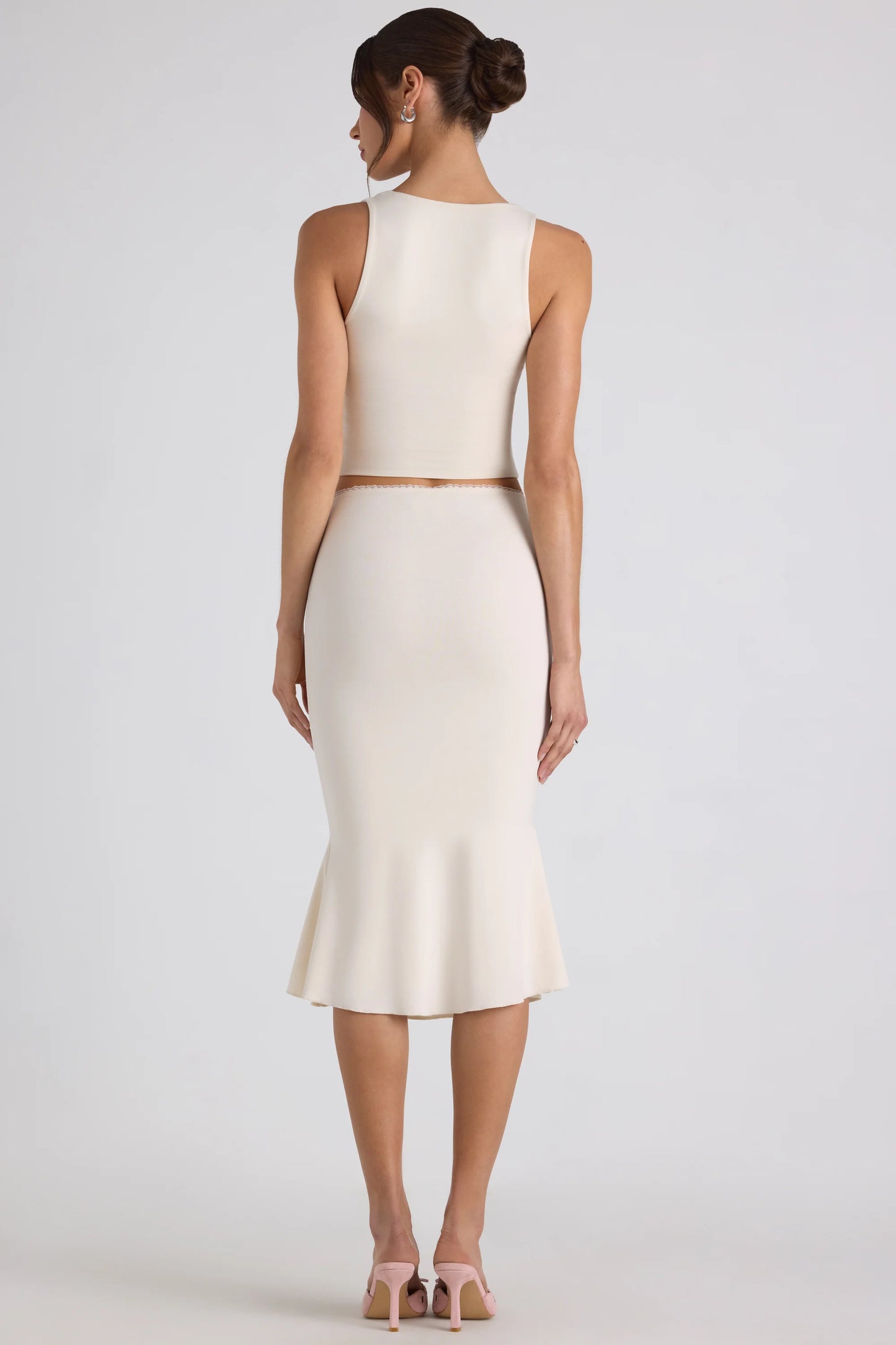 Modal Bow-Detail Mid-Rise Midi Skirt in Ivory