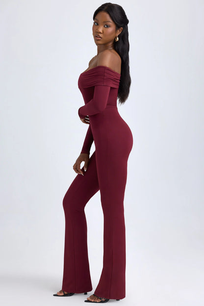 Petite Modal Off-Shoulder Ruched Jumpsuit in Wine Red