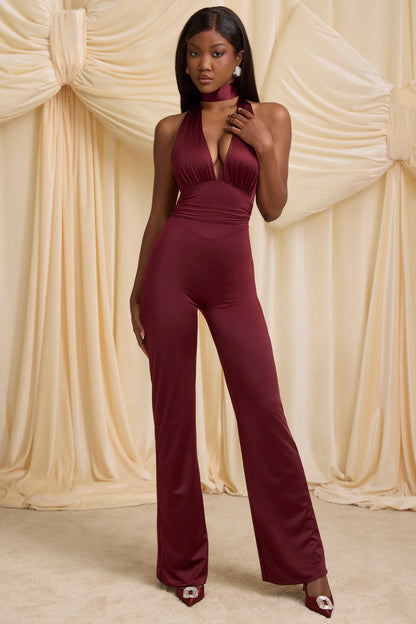 Scarf-Detail Halterneck Jumpsuit in Wine Red