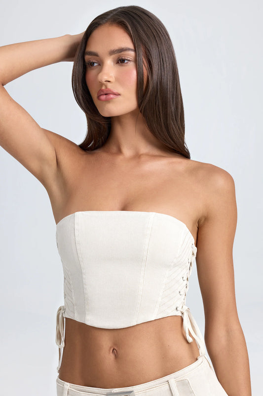 Bandeau Lace-Up Corset Crop Top in Ecru