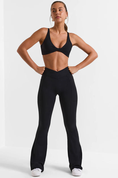 Soft Active Wrap Over Flared Leggings in Black