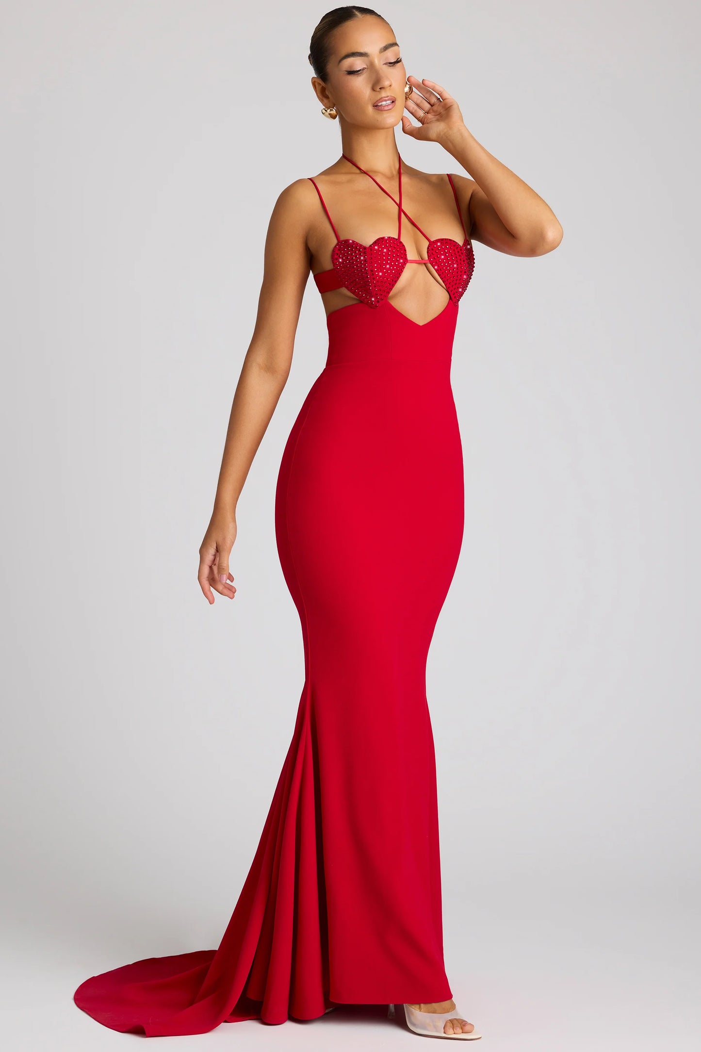 Embellished Heart Cup Detail Evening Gown in Fire Red