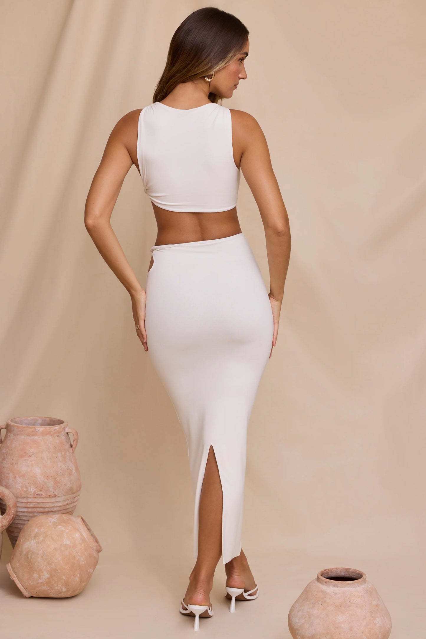 Mid Rise Twist Maxi Skirt in White