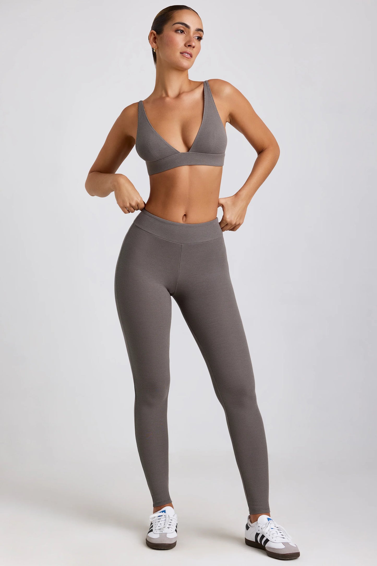 Petite Ribbed Modal High Waist Leggings in Grey