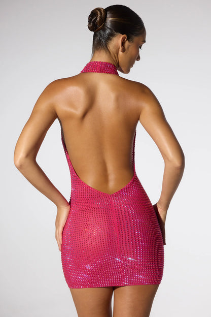 Embellished Extreme Cowl Neck Halter Mini Dress in Hot Pink