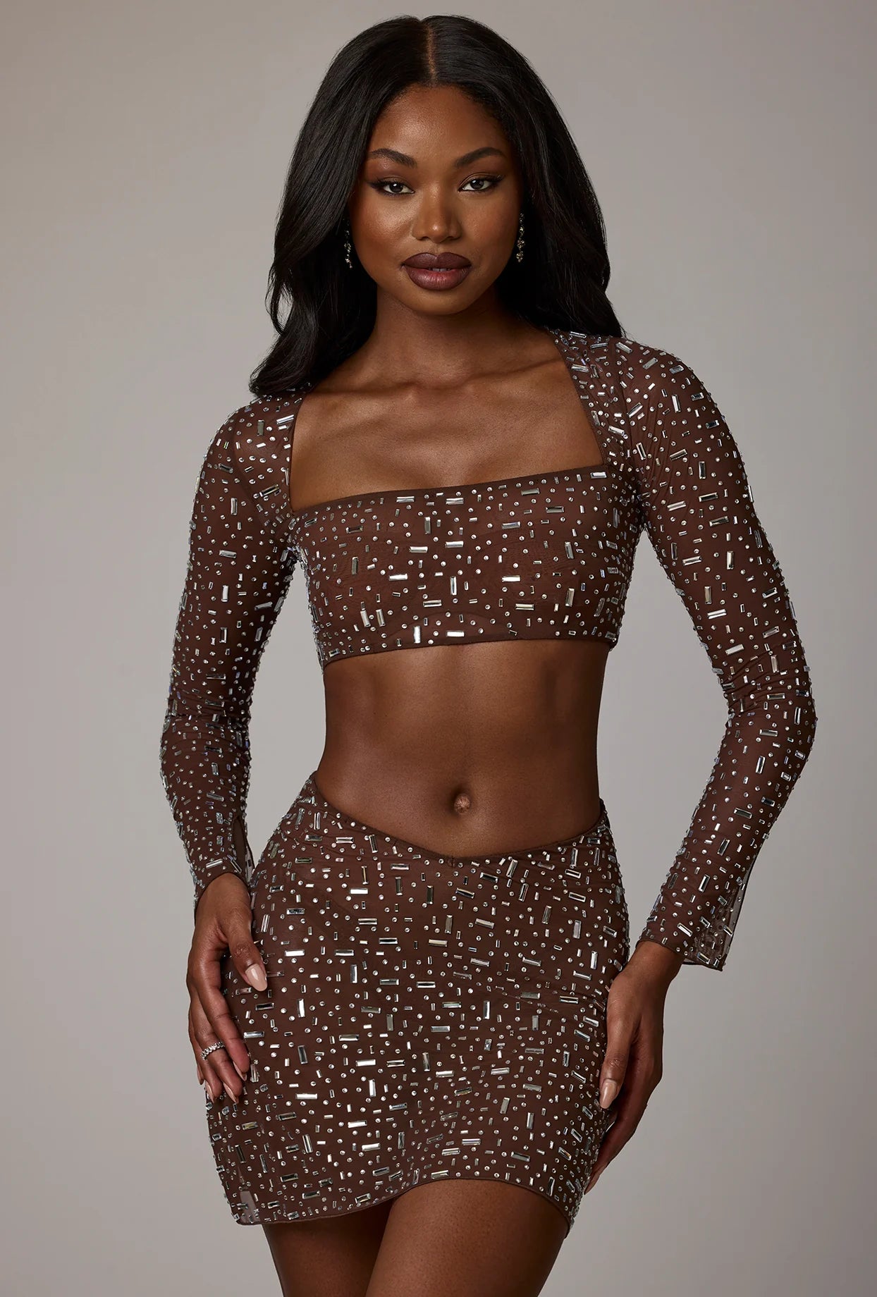 Sheer Embellished V Waist Mini Skirt in Deep Cocoa