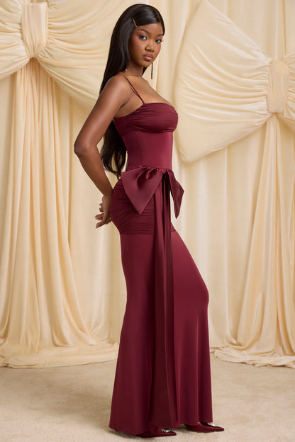 Bow-Detail Ruched Maxi Dress in Wine Red