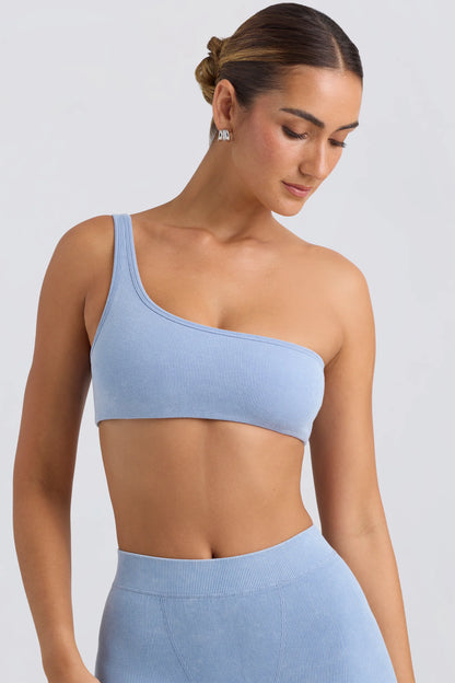 One-Shoulder Sports Bra in Washed Blue