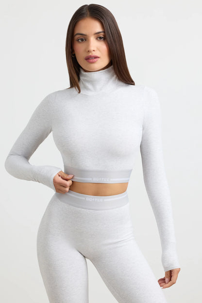 Turtleneck Backless Long-Sleeve Crop Top in Grey Marl