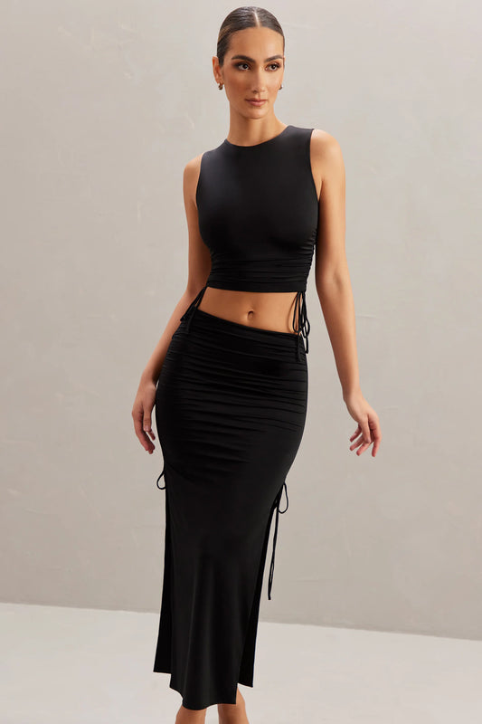 Mid Rise Midi Skirt in Black