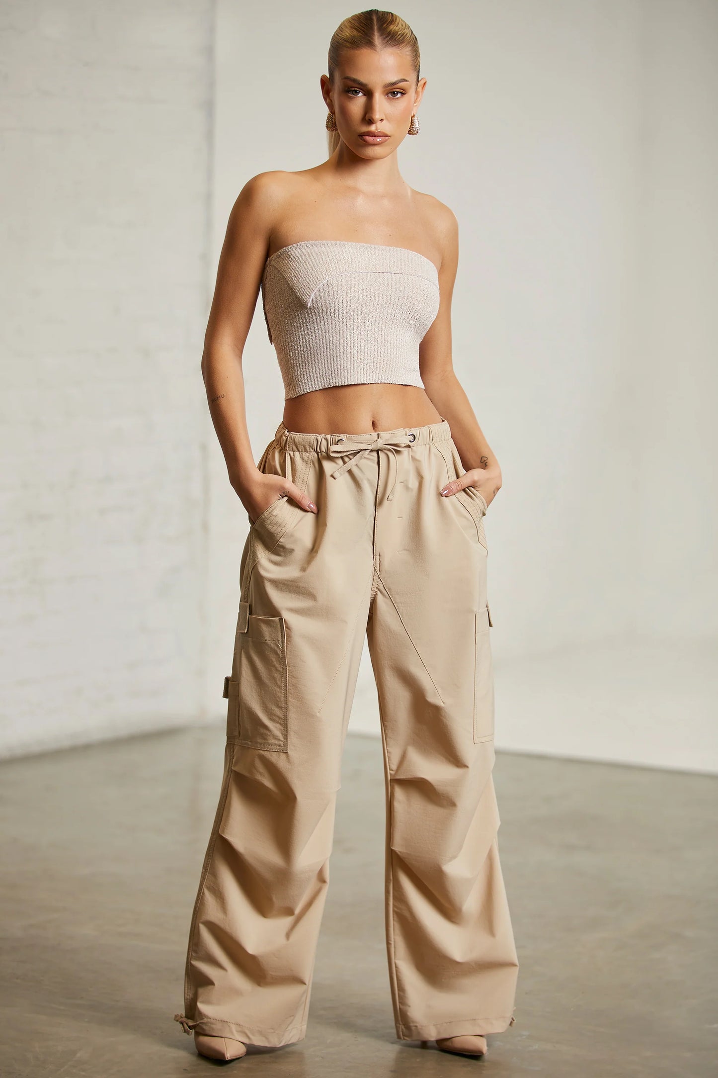 Tall Wide Leg Cargo Trousers in Beige