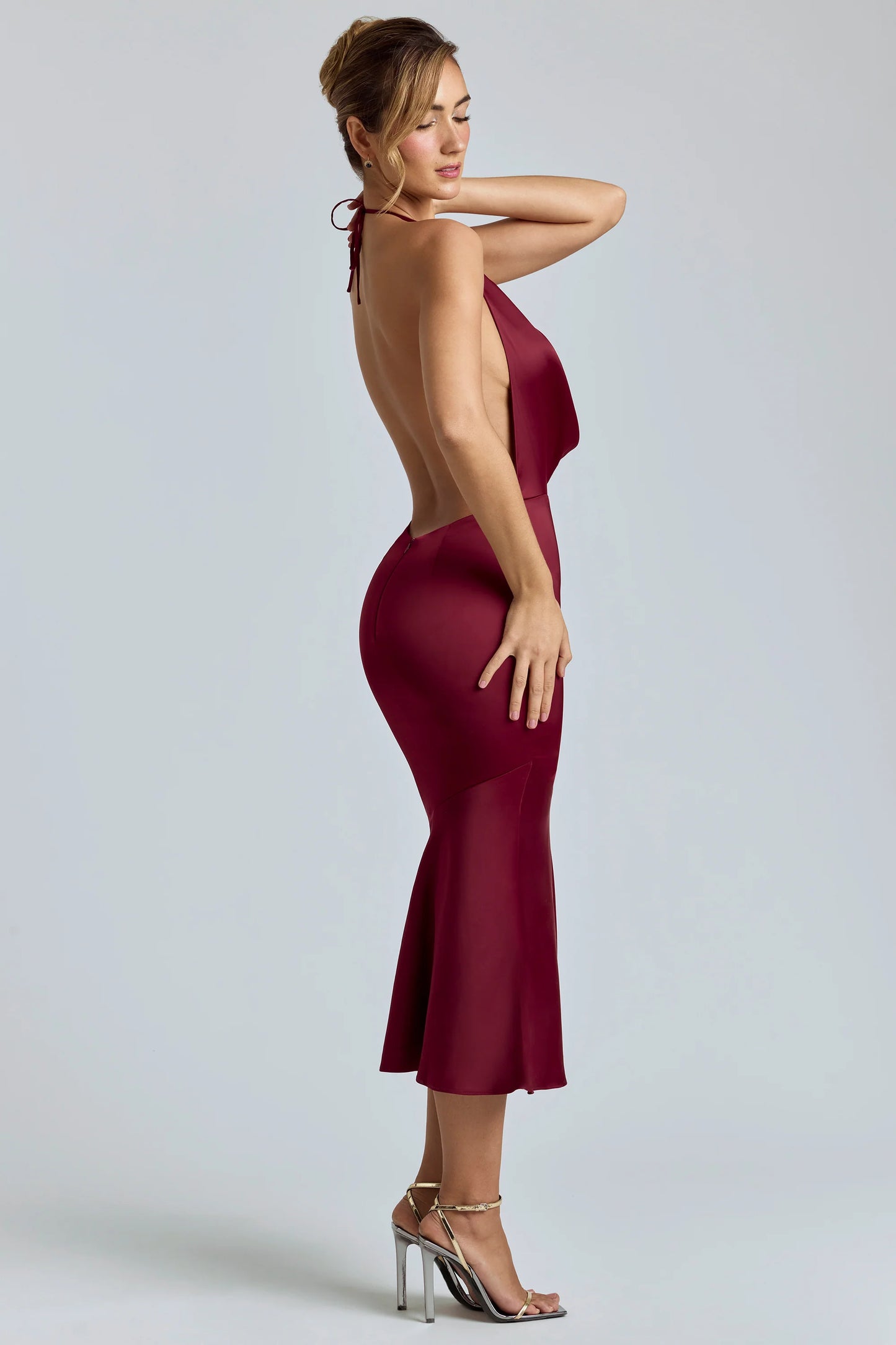 Cowl-Neck Satin Midaxi Dress in Burgundy