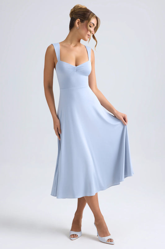 Sweetheart-Neck Ruched Midaxi Dress in Light Blue