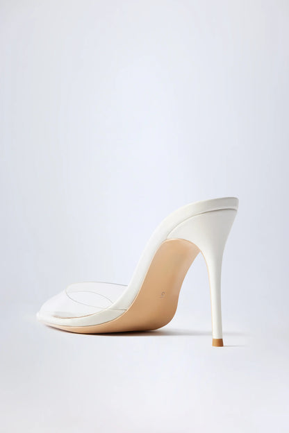 Almond-Toe Heeled Mules in Transparent PVC