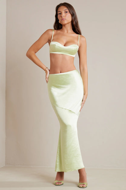 Bias Cut Satin Maxi Skirt in Lime