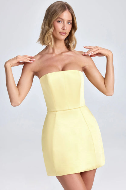 Bandeau Structured Tulip Mini Dress in Lemon Sherbet