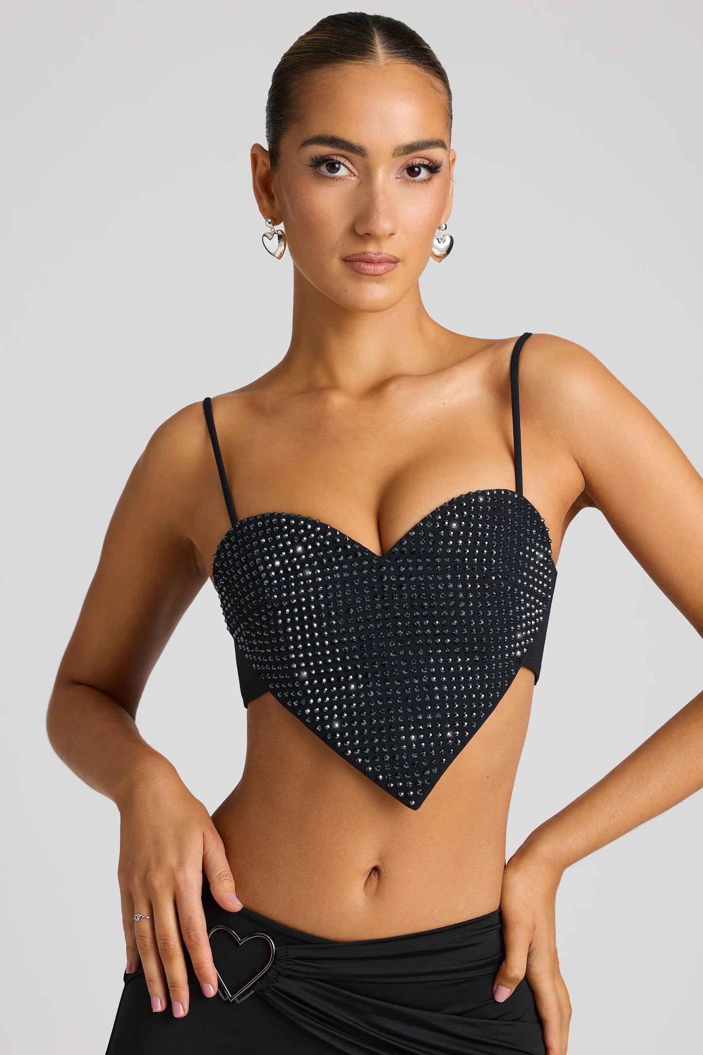 Embellished Heart Detail Crop Top in Black