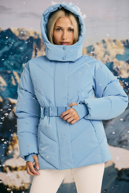 Oversized Quilted Hooded Ski Jacket in Ice Blue