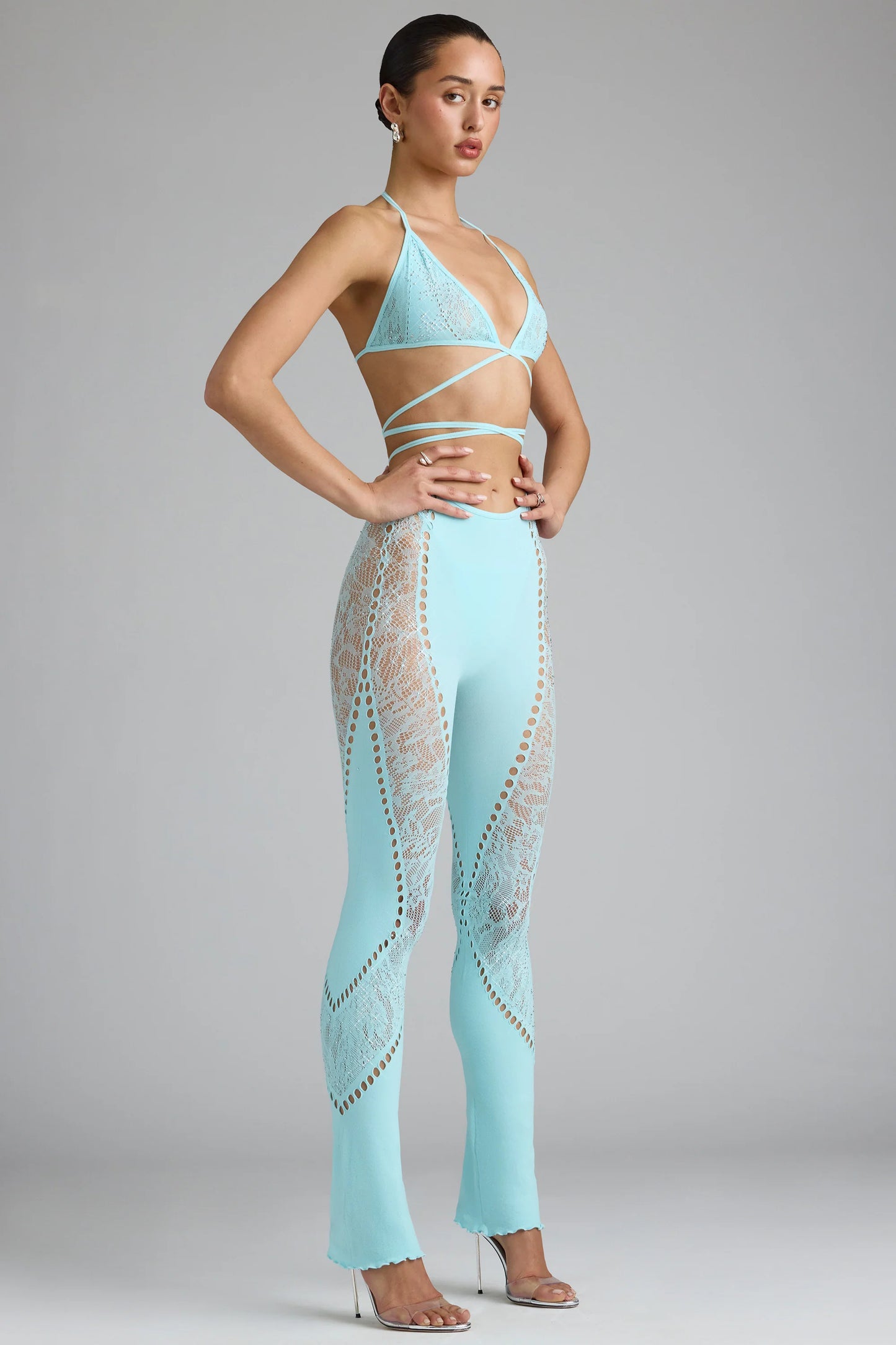 Tall Embellished Mid-Rise Flared Trousers in Ice Blue