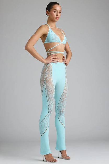 Tall Embellished Mid-Rise Flared Trousers in Ice Blue