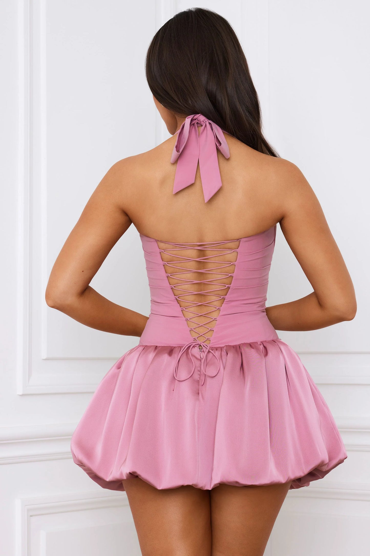 Halterneck Lace-Up Bubble Hem Corset Micro Mini Dress in Mauve