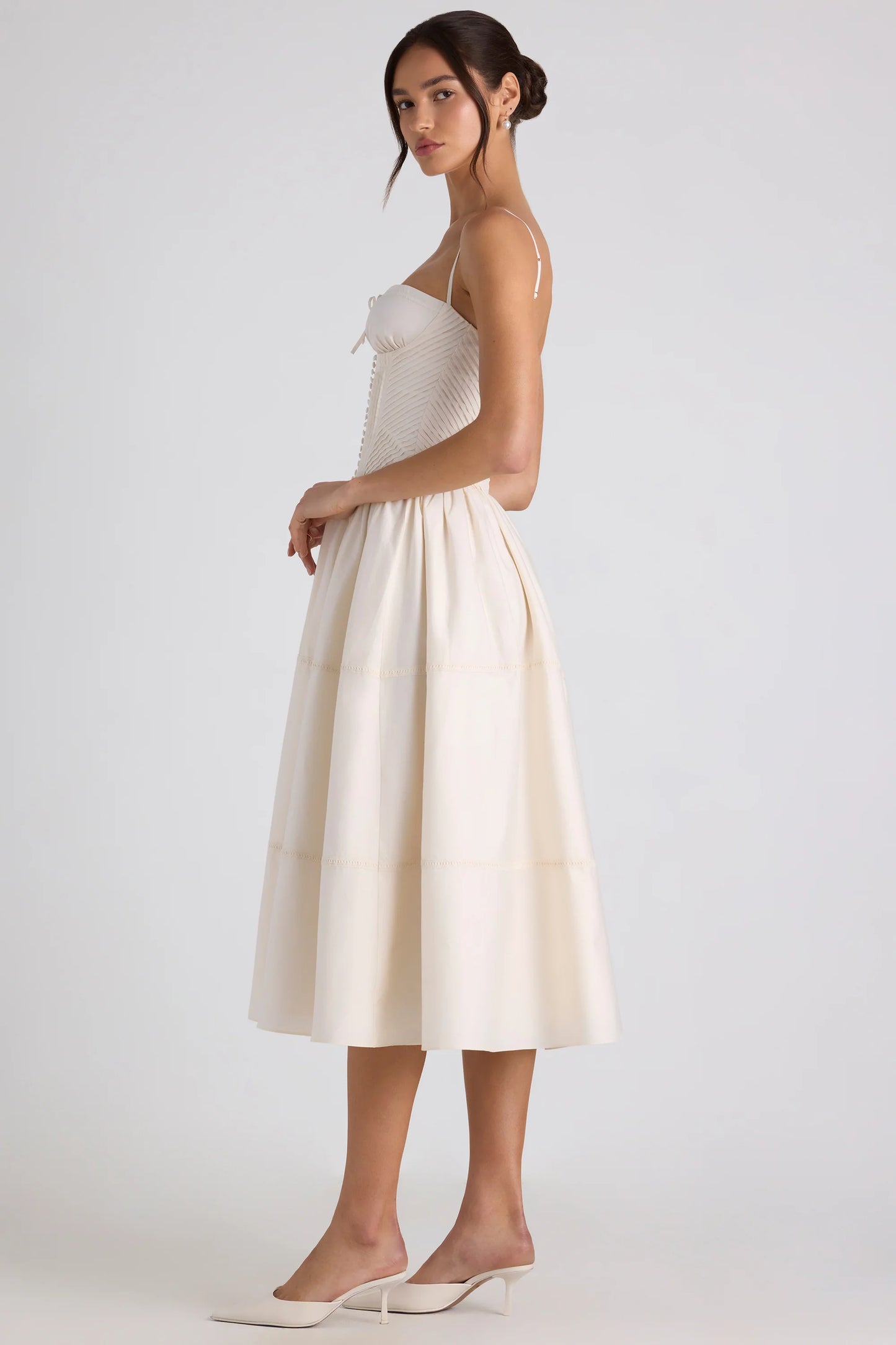 Lace-Trim Pintucked Poplin Midaxi Dress in Ivory