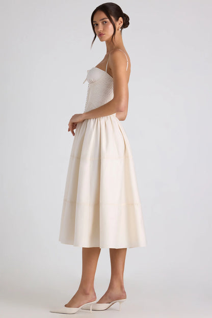 Lace-Trim Pintucked Poplin Midaxi Dress in Ivory