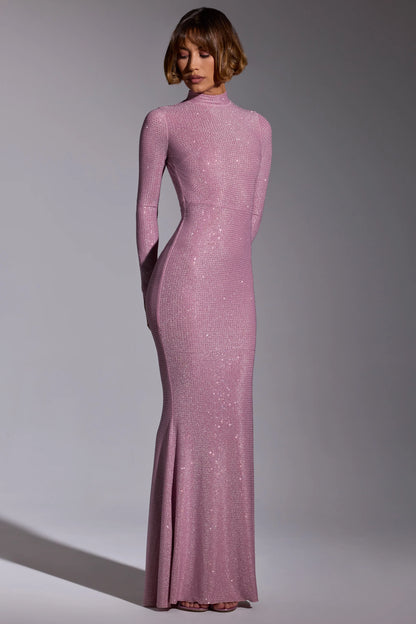 Embellished Long Sleeve Evening Gown in Light Pink