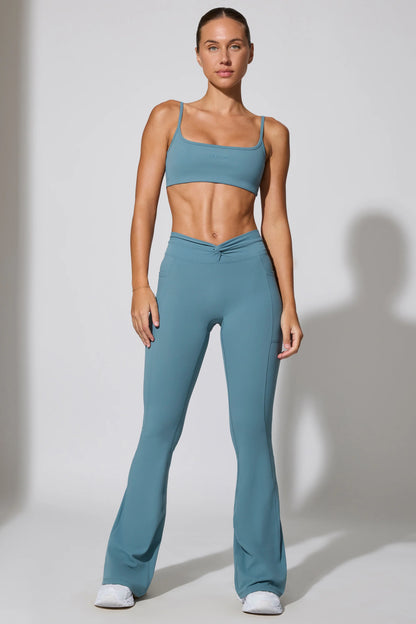 Twist Waist Flare Leggings in Slate Blue