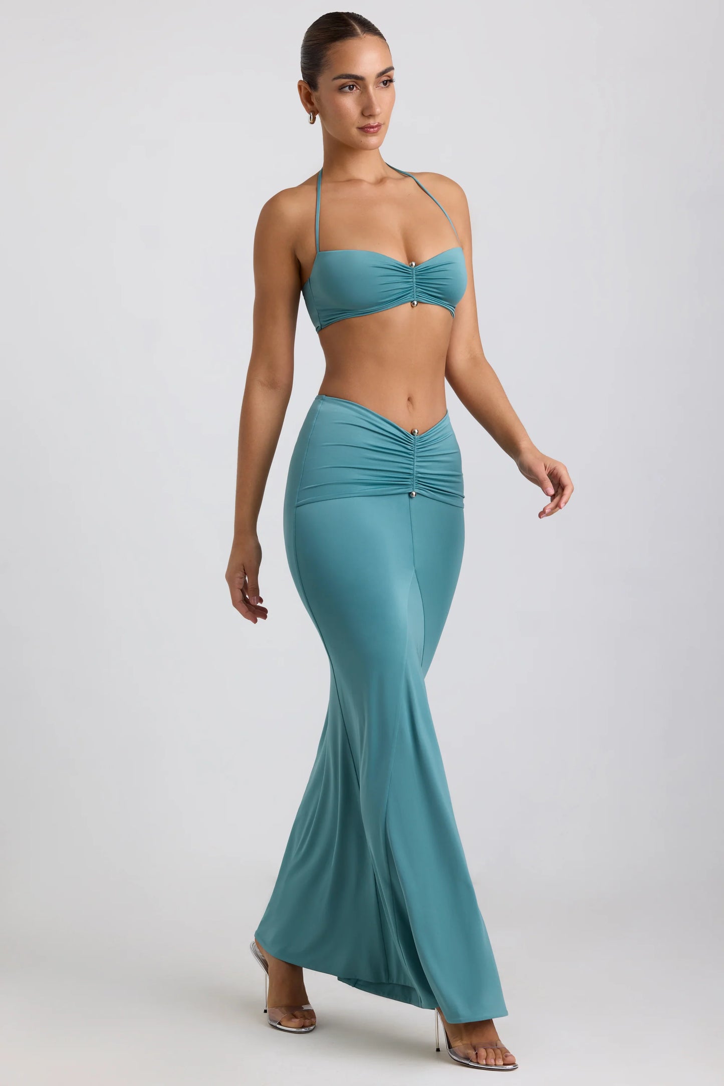 Slinky Jersey Hardware Detail Maxi Skirt in Sea Green