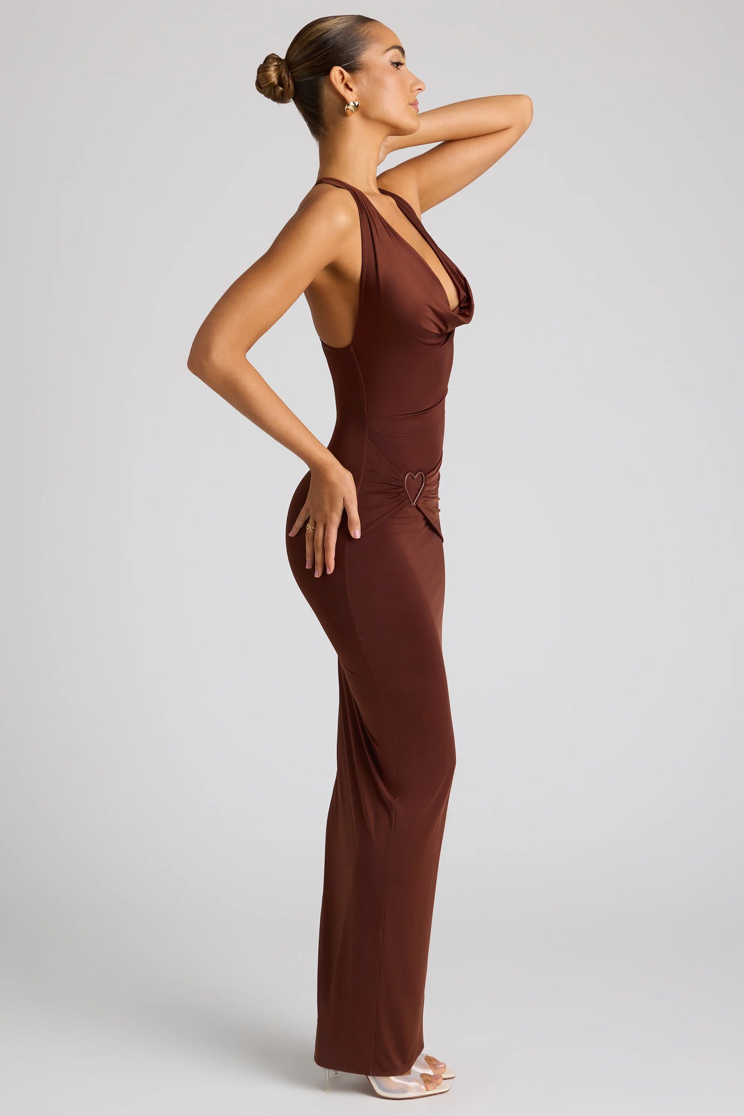 Multiwear Cowl Neck Wrap Over Evening Gown in Chocolate Brown