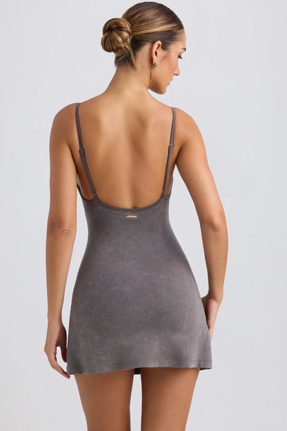 Seamless Rib A-Line Active Mini Dress in Washed Charcoal