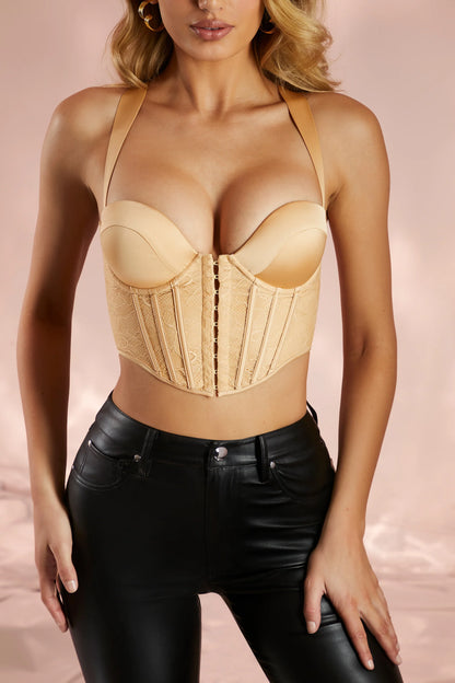 Satin Lace Corset Crop Top in Sand