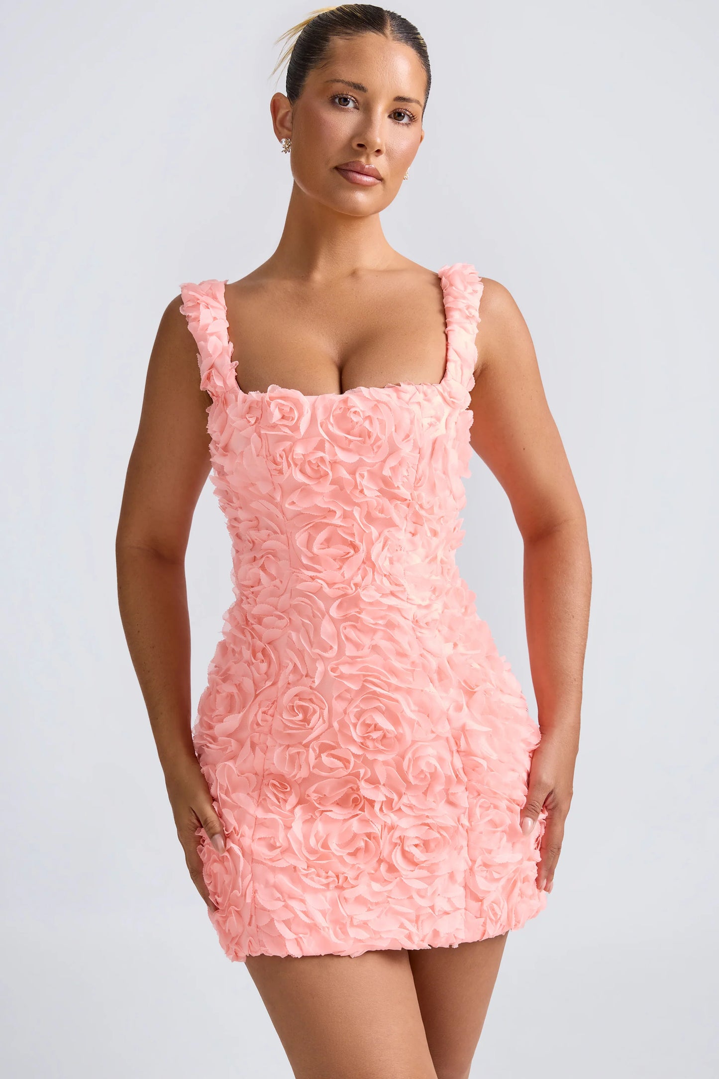 Floral-Appliqué Corset Mini Dress in Coral