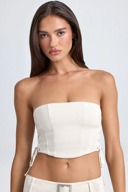 Bandeau Lace-Up Corset Crop Top in Ecru