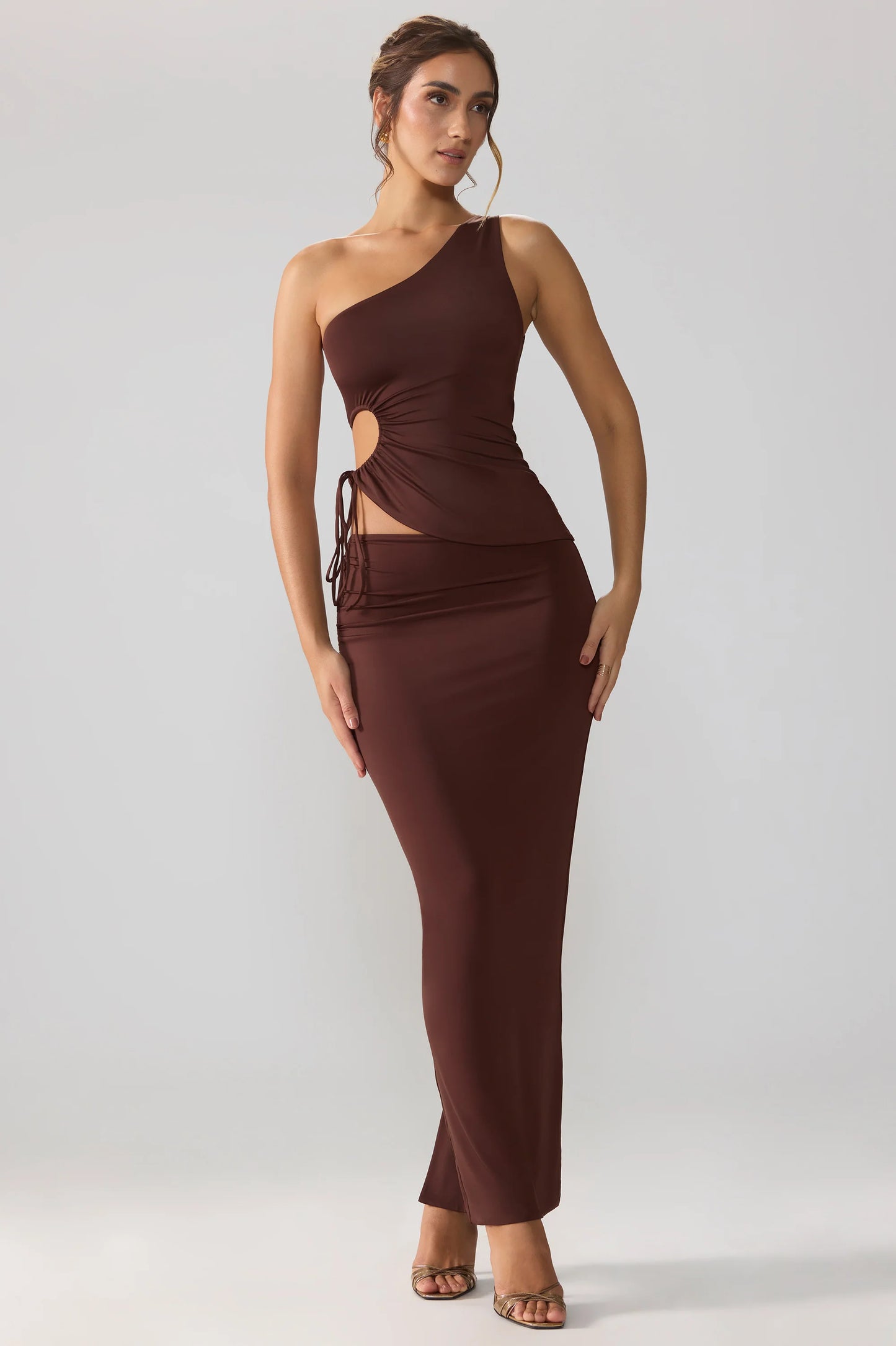 Slinky Jersey Asymmetric Waist Maxi Skirt in Espresso