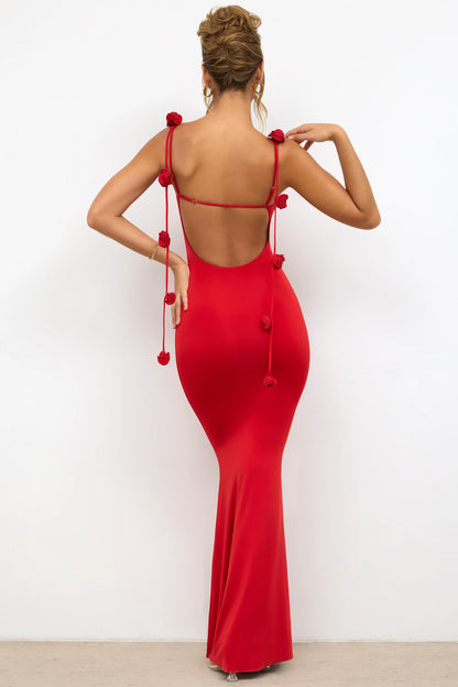 Slinky Jersey Rose Detail Evening Gown in Scarlet Red