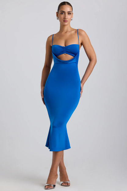 Slinky Jersey Ruched Cut-Out Midaxi Dress in Cobalt Blue