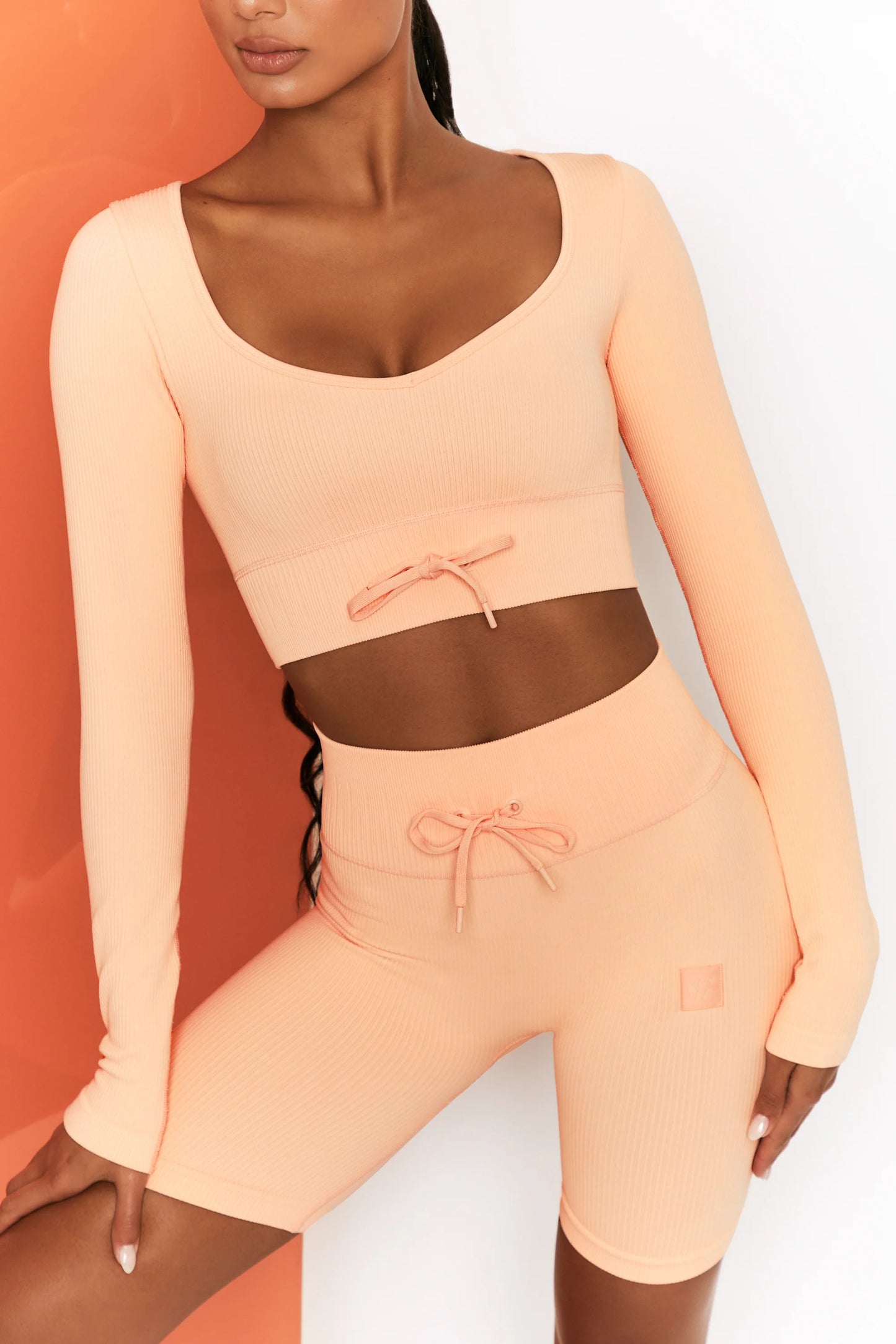 Ribbed Tie Front Cycling Shorts in Peach