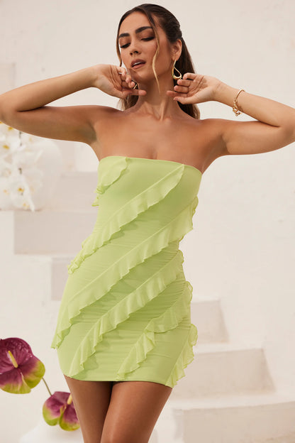 Bandeau Ruffle Detail Mini Dress in Lime Green