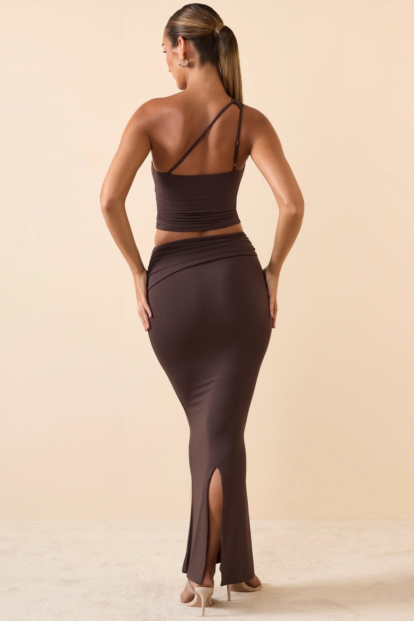 Modal Twist-Front Maxi Skirt in Chocolate Brown