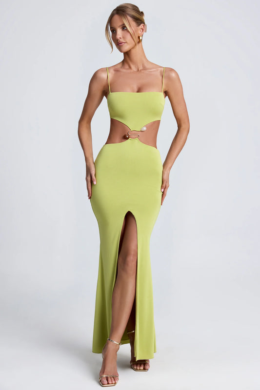 Hardware Detail Cut-Out Maxi Dress in Olive Green