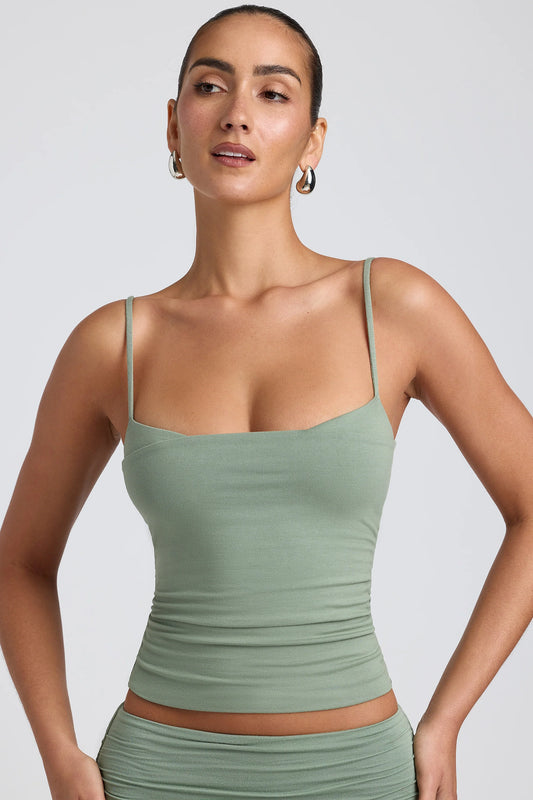 Modal Ruched Layered Tank Top in Sage Green