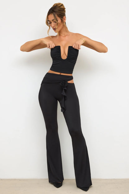 Petite Premium Jersey Rose Detail Mid-Rise Flare Trousers in Black