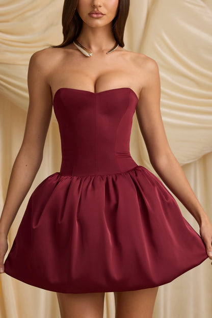 Convertible Bow-Detail Bubble Hem Midaxi Dress in Wine Red