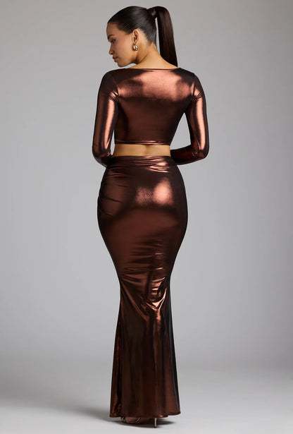 Plunge Neck Metallic Jersey Crop Top in Copper Bronze