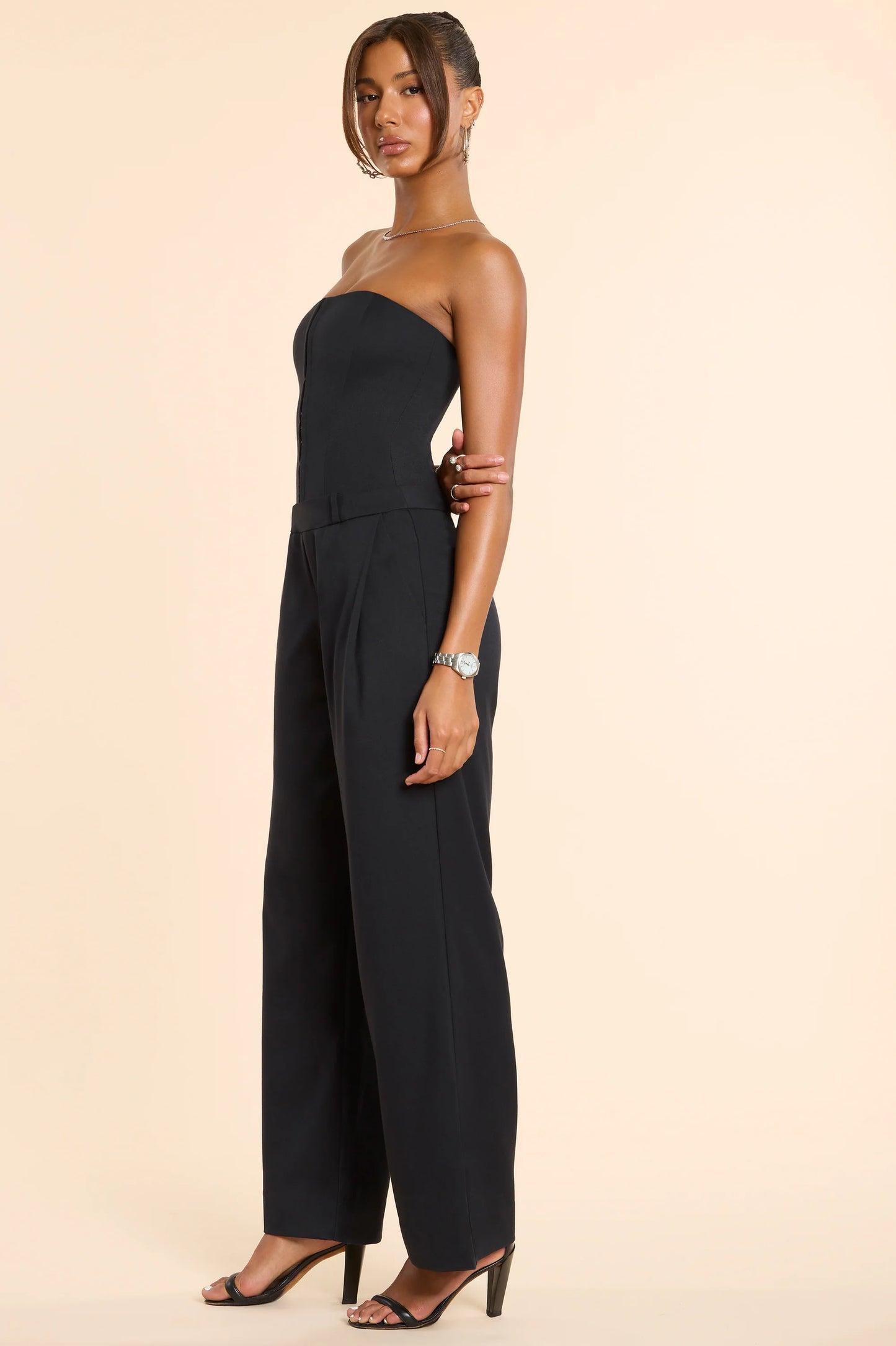 Brushed Twill Bandeau Corset Jumpsuit in Black