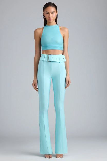 Petite Metallic Belted Mid-Rise Flared Trousers in Ice Blue