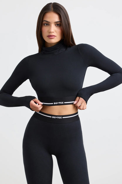 Turtleneck Backless Long-Sleeve Crop Top in Black