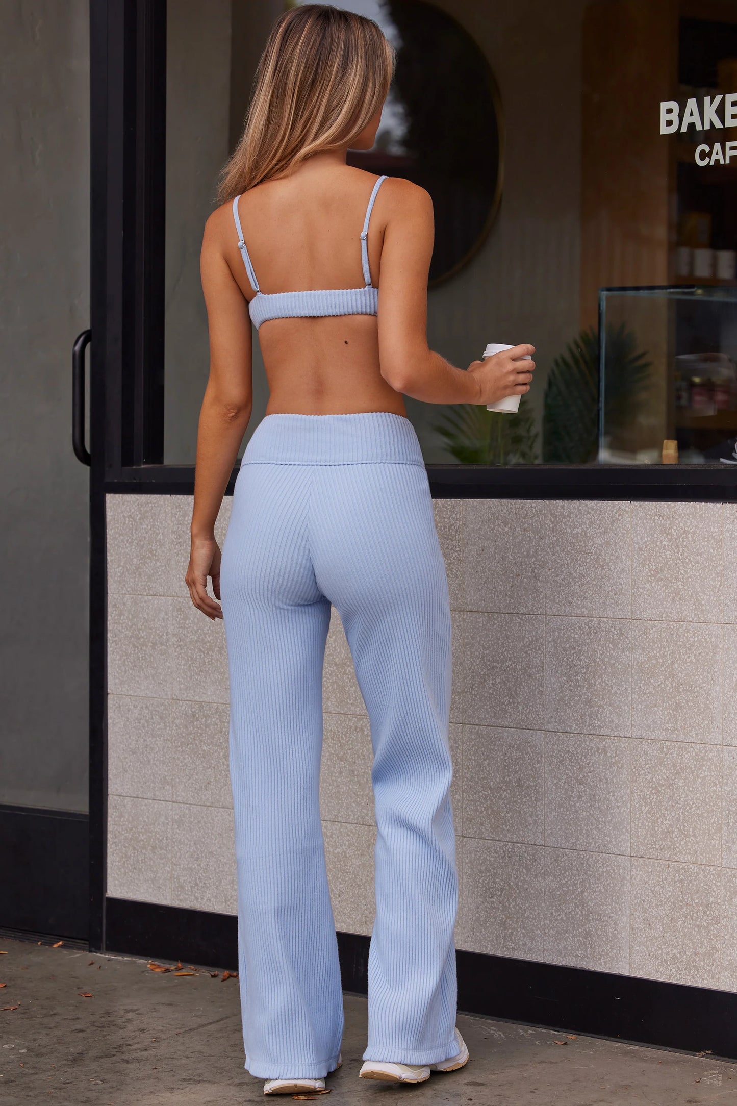 Soft Rib High Waist Wide Leg Fold Over Trousers in Soft Blue